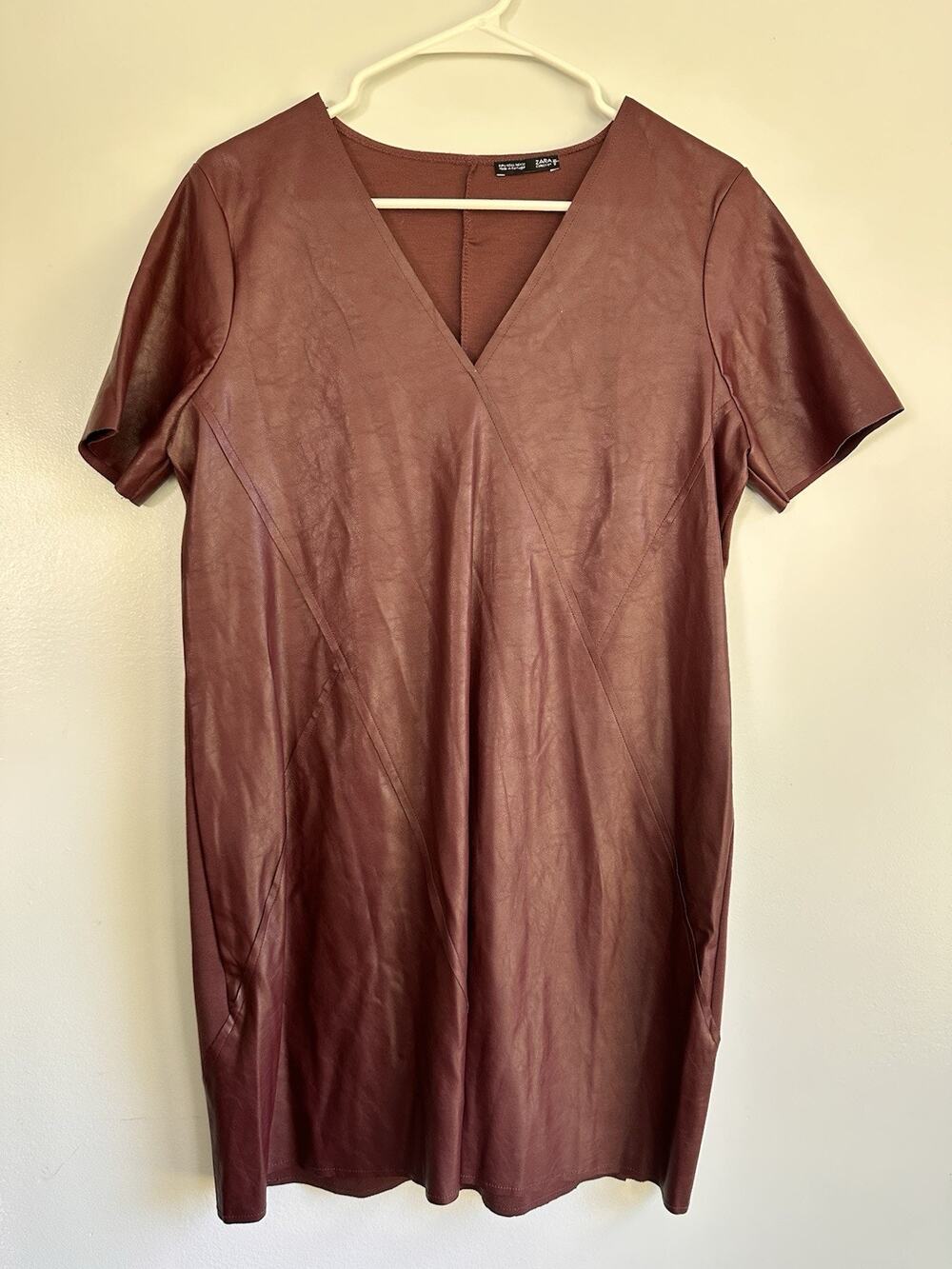 Zara Sz Lg Faux Leather and Knit Short Sleeve Mini Shift Dress Bordeaux Burgundy
